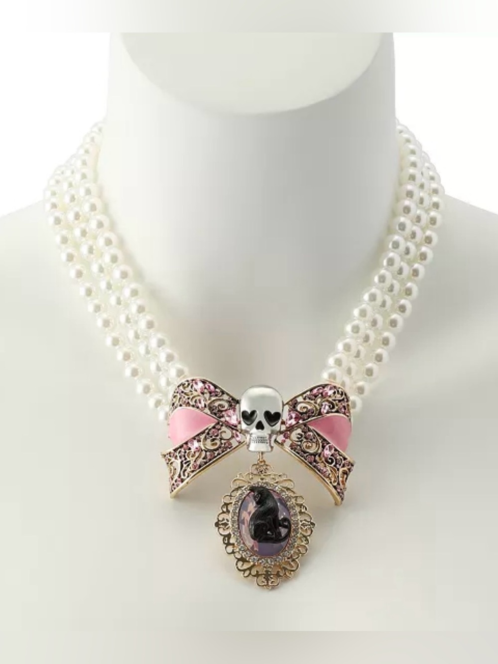 🩶BETSEY JOHNSON FAUX STONE PRETTY SPOOKY CAT FAUX PEARL TORSADE NECKLACE - NWT🩶